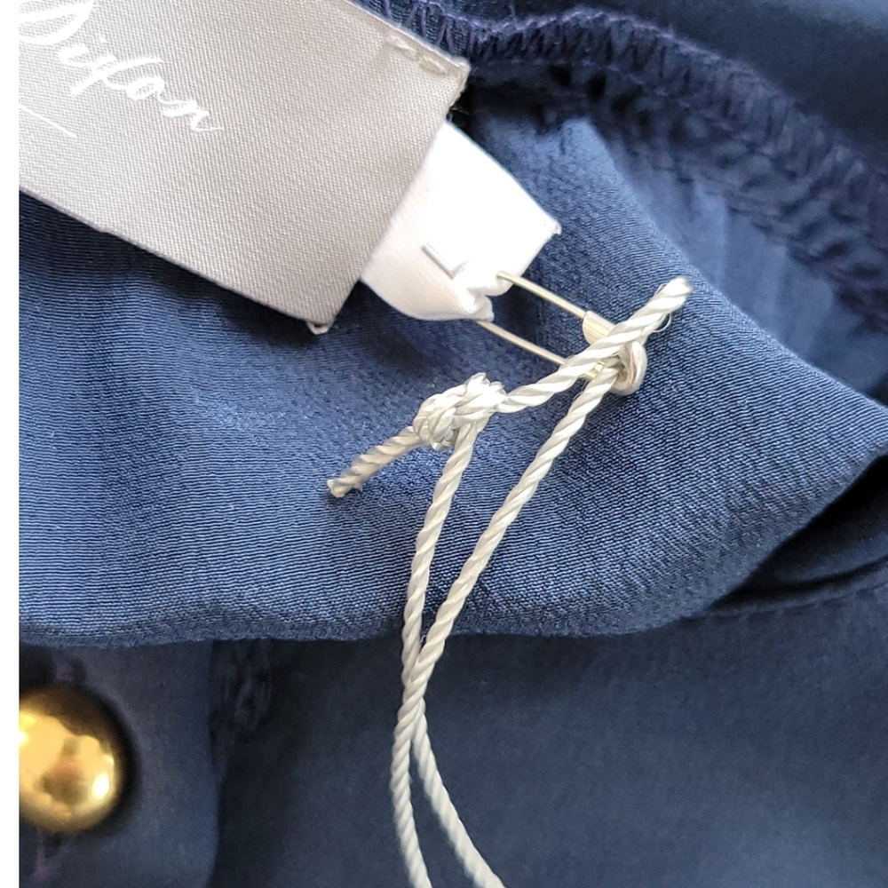 Hunter Dixon Navy Silky Blouse Gold Buttons Utility Pocket Top Size L Office‎ - Picture 10 of 11